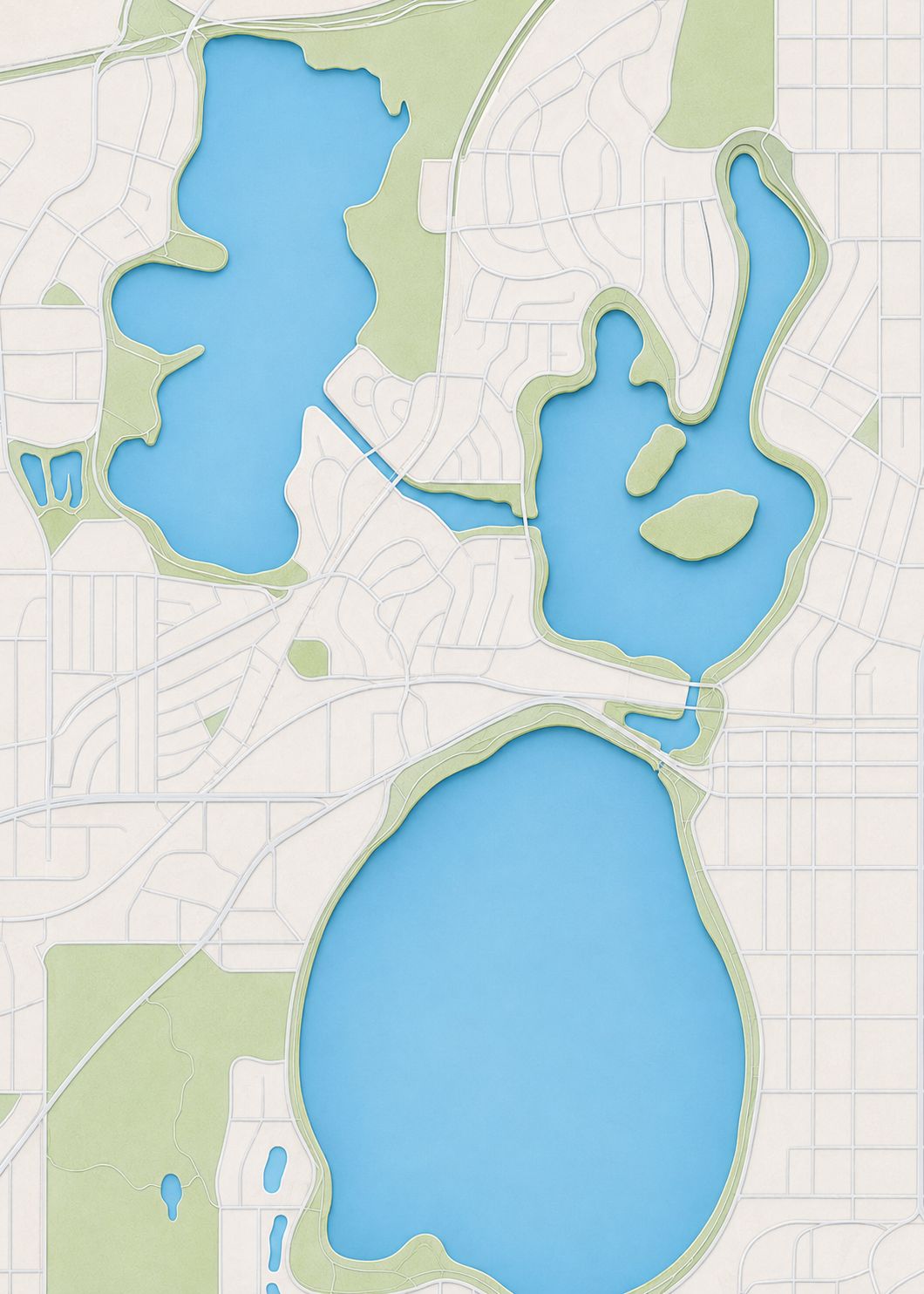 Stylized map of Cedar Lake, Lake of the Isles and Bde Maka Ska showing the four launch points and Mike's Island in the middle.
